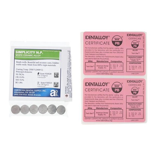 Simplicity Ceramic Alloy Ingots NP NI-CR-BE 1oz/Pk