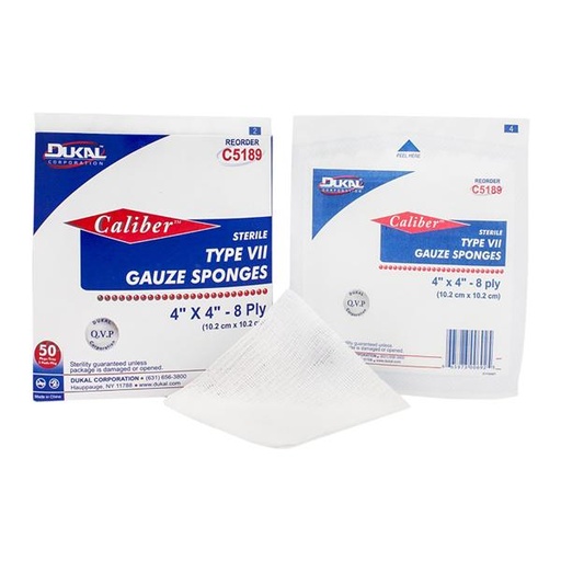 Caliber 100% Woven Cotton Gauze Sponge 4x4" 8 Ply Sterile USP Type VII LF