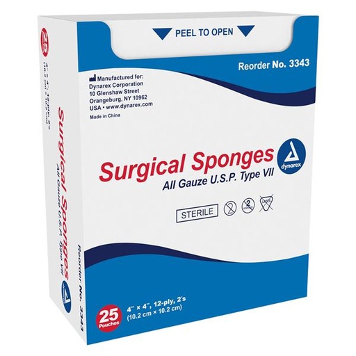100% Cotton Gauze Sponge 4x4" 12 Ply Sterile Not Made With Natural Rubber Latex